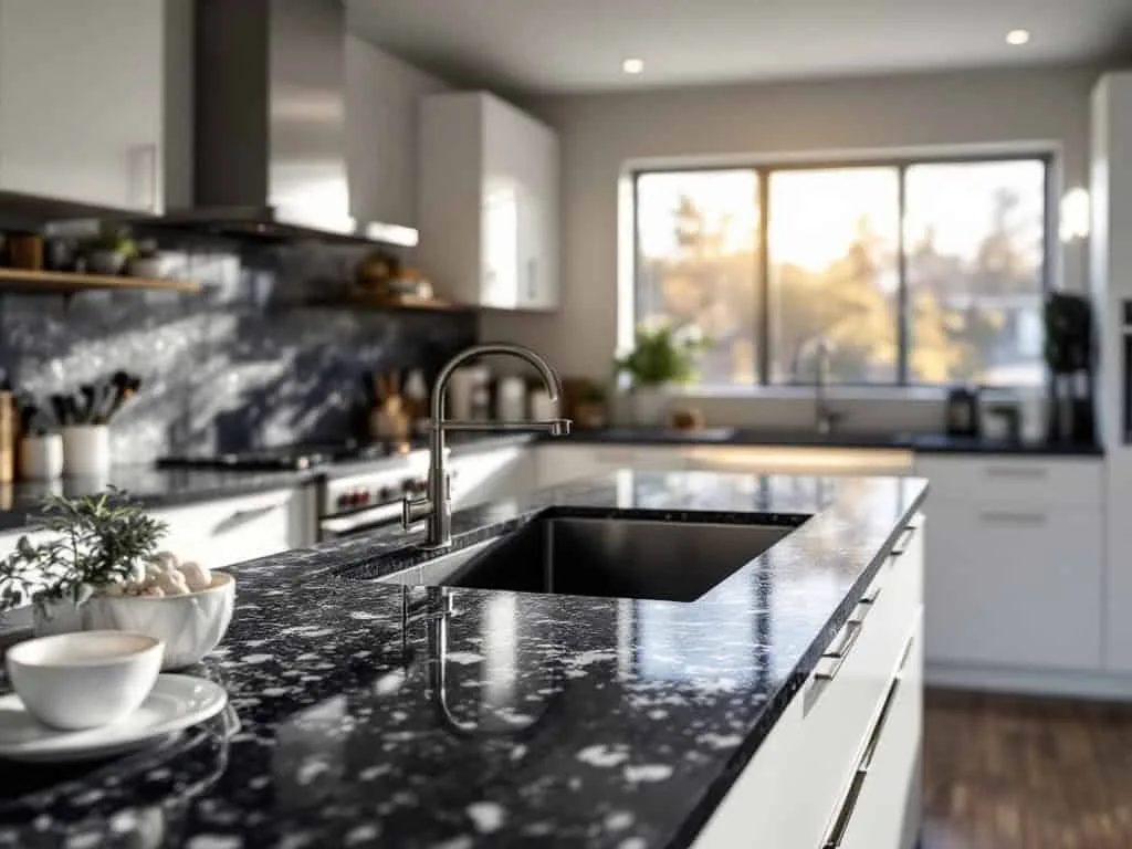 Granite countertop with light veining in a stylish Denver kitchen.