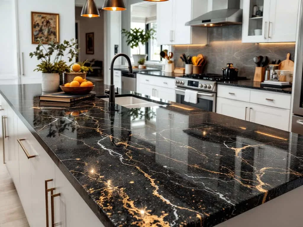 Elegant modern kitchen featuring a polished granite countertop in Denver, Colorado.