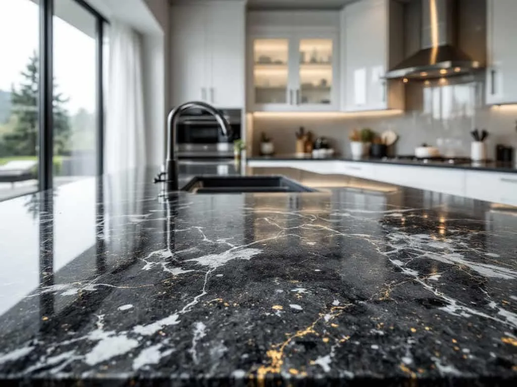Large granite countertop in a spacious Denver kitchen with natural light.
