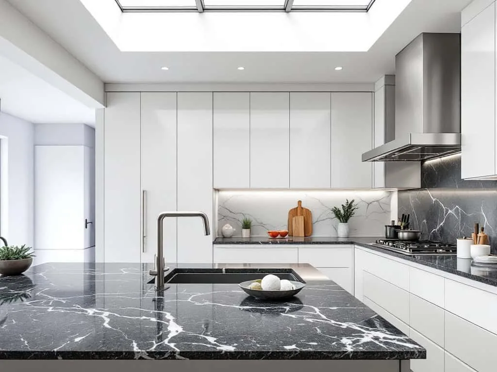 High-end modern kitchen with granite surfaces in Denver, Colorado.