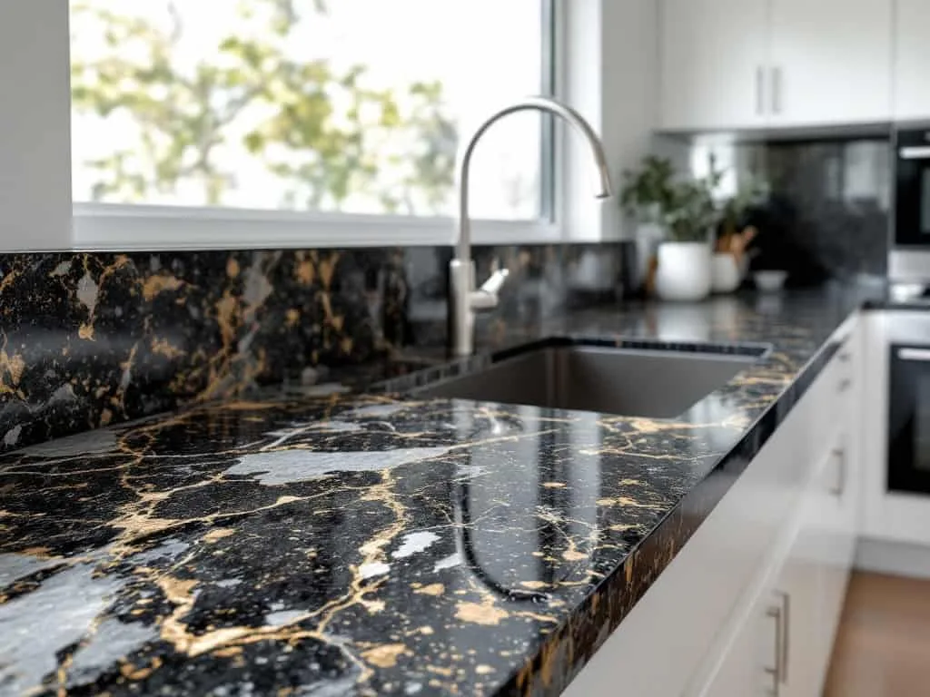 Granite countertop with light veining in a stylish Denver kitchen.