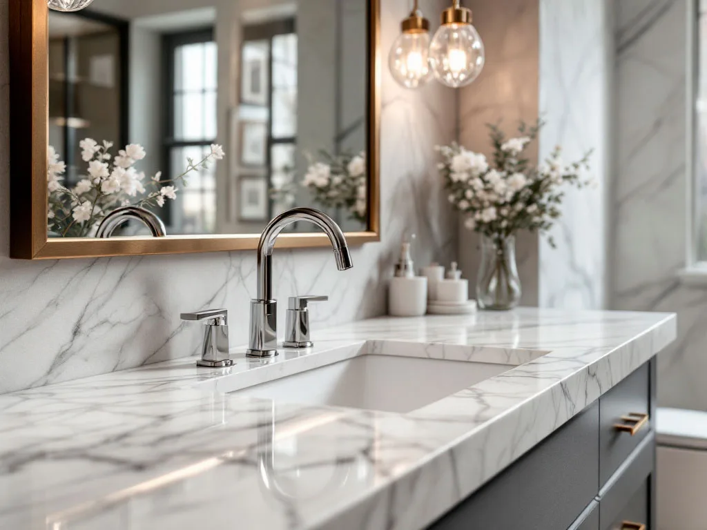 Upgrade your bathroom with a custom marble vanity top, expertly crafted and installed by Custom Granite Homes in Denver, Colorado.