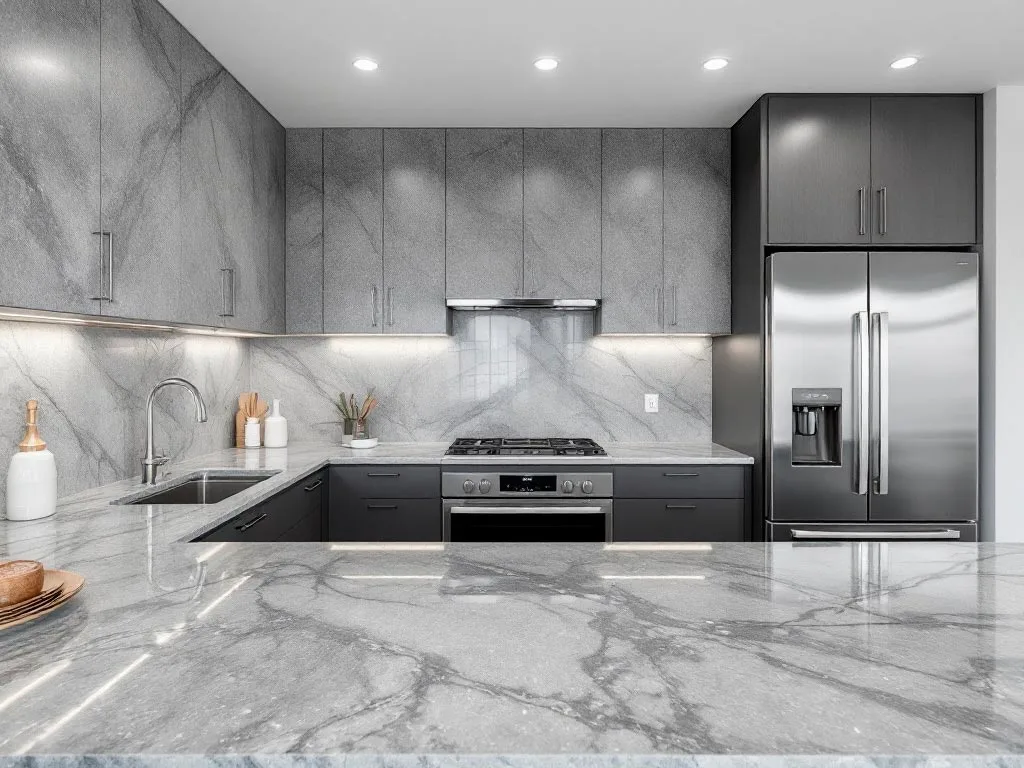 Custom marble kitchen countertops and backsplash in a modern